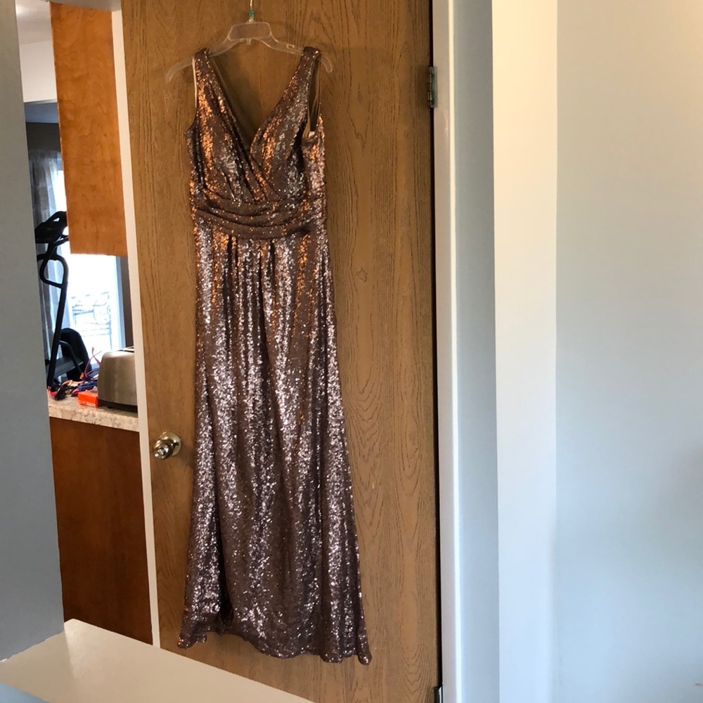 Bill Levkoff gold sequin bridesmaid dress
